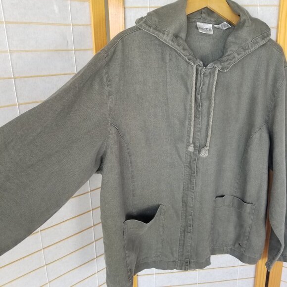 Chico's Jacket Army Green Zip Up 100% Linen Hooded Relaxed Fit Size 3/XL - Picture 2 of 7